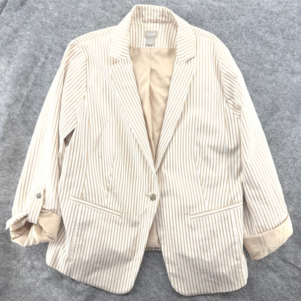Chico's Striped Blazer Women Size 2 Tan White Single Button Roll Tab Sleeve
